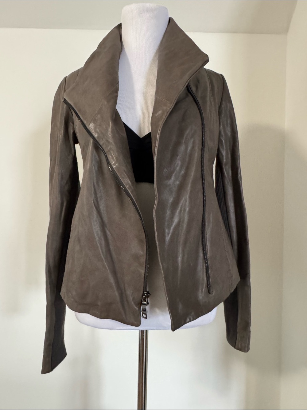 Vince Taupe Leather Asymmetric Zip Jacket - Women